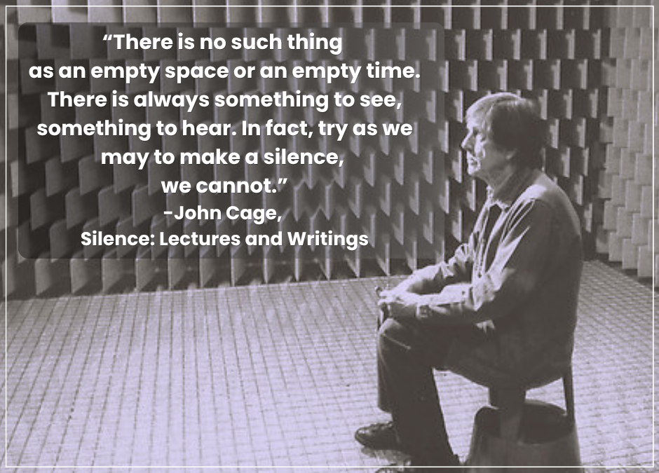 John Cage sitting in Harvard University's anechoic chamber in 1951, by which he discovered that absolute silence does not exist, motivating him to compose '4'33"