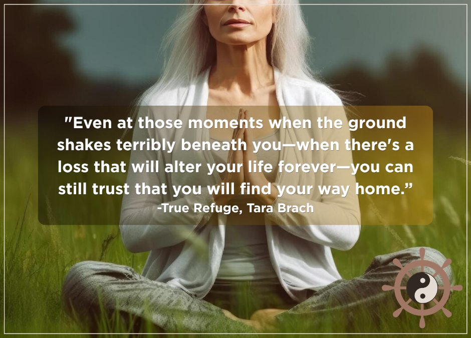 Vrouw, mediterend in een veld van wuivend gras, met op de voorgrond een Engelstalige quote van Tara Bracht: "Even at those moments when the ground shakes terribly beneath you—when there's a loss that will alter your life forever—you can still trust that you will find your way home," ter illustratie van het thema van de blog van Recovery Dharma Nijmegen over psychologische flexibiliteit.