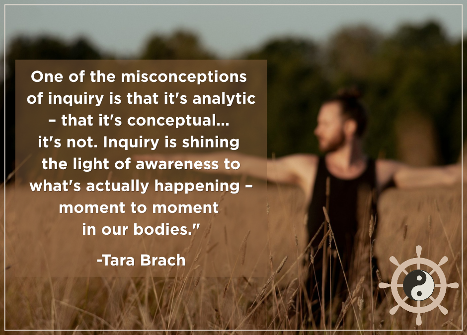 Persoon in meditatieve yogapositie, met uitgestrekte armen in balans, in een gouden grasveld als symbool voor het boeddhistisch zelfonderzoek. Met het citaat van Tara Brach over inquiry als het bewust waarnemen van wat er van moment tot moment in ons lichaam gebeurt.